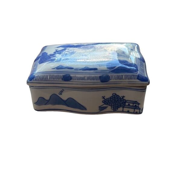 Vtg. Japanese Hand Painted Ceramic Cigarette Trinket Box Town Painted Blue - Picture 3 of 9